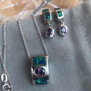 Opal Amethyst CZ Sterling Necklace Earring set
